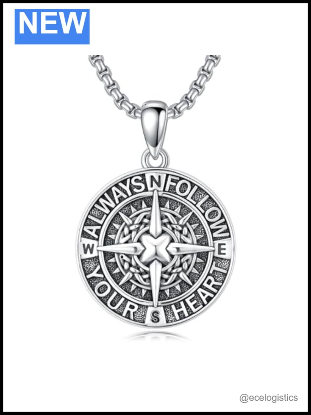 925 Sterling Silver Compass Pendant Necklace